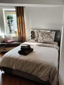 a bedroom with a large white bed with a window at Apartament ANTONIA in Olesno