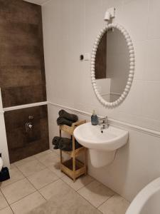 a bathroom with a sink and a mirror at Apartament ANTONIA in Olesno