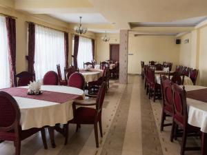 a dining room with tables and chairs in a restaurant at Pensiunea Mirela Bears Cave in Chişcău