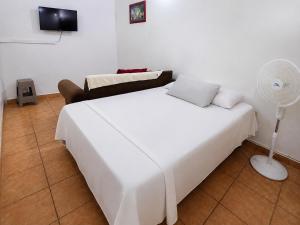 a bedroom with a white bed and a fan at Estudio Privado, WiFi, A 7 min de Palmerola in Comayagua