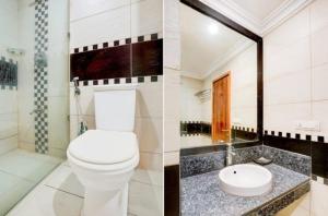two pictures of a bathroom with a toilet and a shower at Hotel Kohinoor, Bharuch in Bharūch