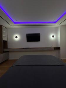 a bedroom with a purple ceiling with a tv at Ines Apartment in Sarajevo