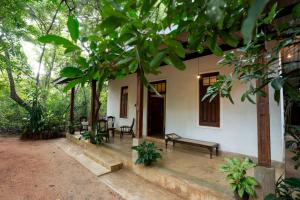 a house with a bench in front of it at Vihanga Village - Jungle retreat in Dambulla in Dambulla