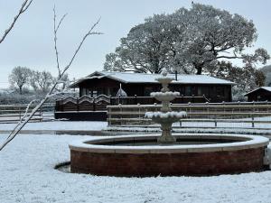 a snow covered fountain in front of a house at The Lodge in Congleton