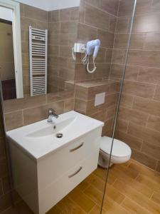 a bathroom with a sink and a toilet and a mirror at Hotel Amstar Simeria in Simeria