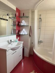 a bathroom with a tub and a sink and a shower at Capital apartman in Visoko