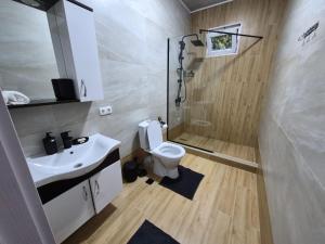 a bathroom with a toilet and a shower and a sink at Hillside House Overlooking Batumi in Charnali