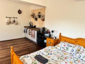 a bedroom with a bed and a kitchen in it at Statek Soví Dvůr in Rabyně