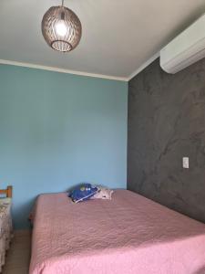 a bedroom with a pink bed and blue walls at orquídea in Paulínia