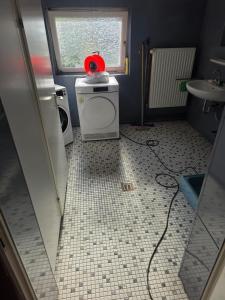 a bathroom with a sink and a washing machine at Heritage Timber Stay in Wendeburg