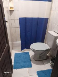 a bathroom with a toilet and a blue shower curtain at Casa Completa no Centro de Soure com Wi fi e Garagem in Soure