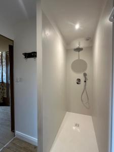 a white bathroom with a shower in a room at La Maison du 19 in Cluny +30 photos