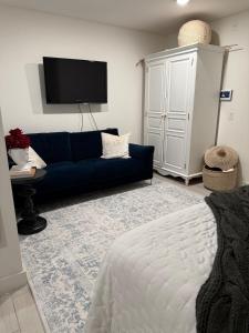 a living room with a blue couch and a tv at Private Dana Point Beach Studio in Dana Point