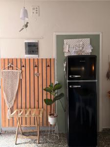 a black refrigerator in a kitchen with a plant at Levanda Home in Taktikoúpolis