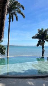 a swimming pool with two palm trees and the ocean at Contemporary architecture by the sea in Búzios