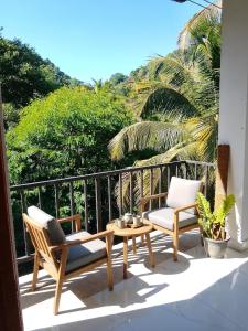 a patio with two chairs and a table on a balcony at Papa's Resort Dunhinda in Hinnarangahakumbura