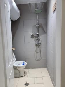 a bathroom with a shower and a toilet at AG Hotel in Dhërmi