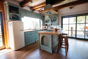 a kitchen with a white refrigerator and a stove top oven at Zidanica Pobežin in Rogaška Slatina