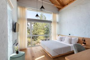 a bedroom with a bed and a large window at Anassa House with Rooftop Jacuzzi in Vamos