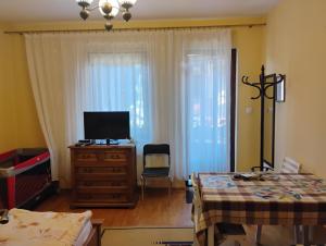 a bedroom with a bed and a dresser with a television at Willa Aronia in Szczawnica