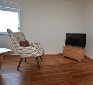 a living room with a chair and a television at Ferienwohnung Barthel in Merzig