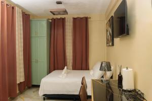 a bedroom with a bed and a tv and curtains at Middleham Forest Nook in Roseau
