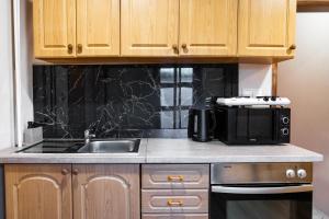 a kitchen with a sink and a microwave at Nature Apartment Karlovy Vary Kolová in Karlovy Vary