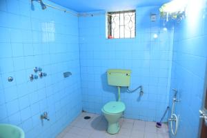 a blue bathroom with a toilet and a shower at Jes Guest House in Majorda