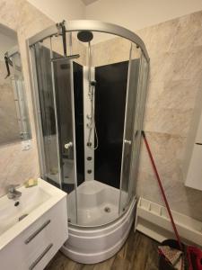 a bathroom with a shower and a white sink at Mieszkanie Fordońska 433A blisko Onkologii in Bydgoszcz