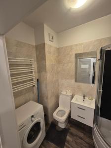 a bathroom with a toilet and a sink and a washing machine at Mieszkanie Fordońska 433A blisko Onkologii in Bydgoszcz