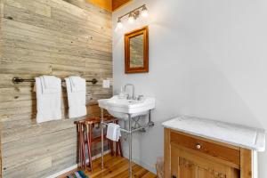 a bathroom with a sink and a wooden wall at Aril Cottage-Waterfront Escape with Ocean Views in Gouldsboro