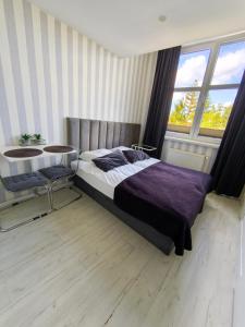 a bedroom with a bed and a table and windows at MALTINA in Malbork
