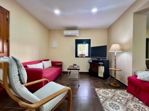 a living room with a red couch and a tv at El Refugio de Pedrosa in Pedrosa del Rey