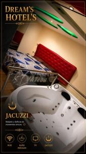a poster for a hotel with a sink and a bed at hostal las vegas 3 in Quito