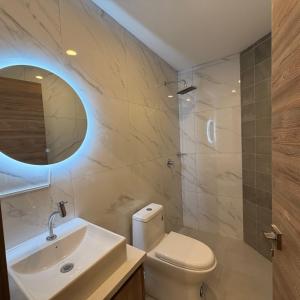 a bathroom with a sink and a toilet and a mirror at Hotel Ulloa Inn in Quito