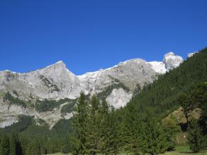 a mountain range with trees in the foreground at Der Bodenbauer in Thörl