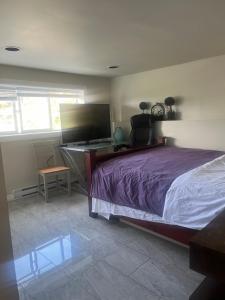 a bedroom with a large bed and a desk at water front 2 bedroom suite in Victoria