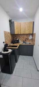 a small kitchen with a sink and a stove at Alex House in Făgăraş +25 photos