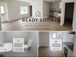 two pictures of a bathroom with a work in progress sign at The Ashington Collection in Ashington