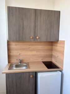 a small kitchen with a sink and a refrigerator at Logement Angèle in Malesherbes +4 photos