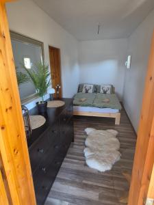 a bedroom with a bed and a large mirror at Lake View Glamping pod Radyní bez tekoucí vody s omezenou elektřinou in Hvížďalka
