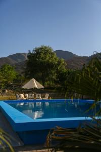 a swimming pool with chairs and an umbrella at Buenas Vibras Hostería Rural in Chicoana