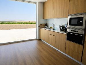a kitchen with a large window and a microwave at Bodega Díscolo in Zamora