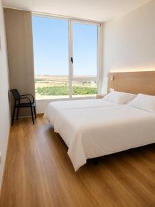 a bedroom with a large bed and a large window at Bodega Díscolo in Zamora