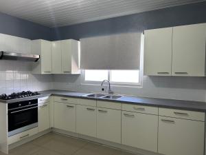 a kitchen with white cabinets and a sink at Hidden Gem Savaneta & Private Pool in Savaneta