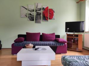 a living room with a purple couch and a tv at Apartamenty Pod Wiaduktem in Ober Wüstegiersdorf