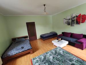 a living room with two beds and a couch at Apartamenty Pod Wiaduktem in Ober Wüstegiersdorf