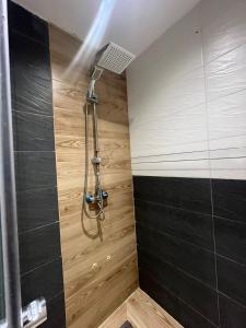 a shower in a bathroom with black tiles at Résidence Luna in Oran +41 photos