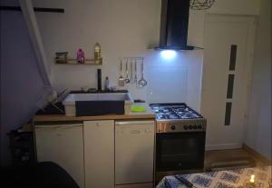 a small kitchen with a stove and a sink at L Empreinte in Saint-Juvin +2 photos