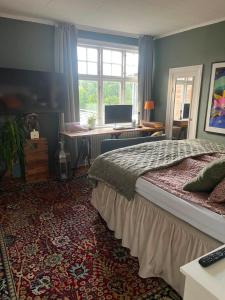 ein Schlafzimmer mit einem Bett und einem Schreibtisch mit Computer in der Unterkunft Båt huset in Halmstad